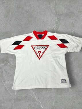 Guess White Vintage Soccer Jersey with Red and Black Logo Accents